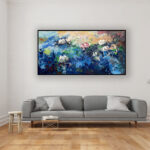 Water Lilies painting, original oil painting on canvas hanging in a modern living room with a gray sofa