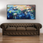 Water Lilies painting, original oil painting on canvas hanging in a modern living room with a brown sofa