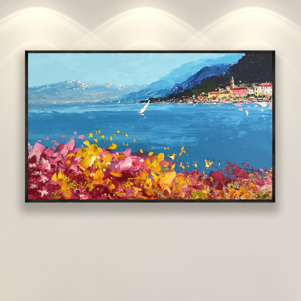 Bellagio Lake Como oil painting on canvas, original modern textured Italy wall art, framed wall art, perfect for living room wall decor and as unique gift ideas for her, displayed on the wall in a stylish room