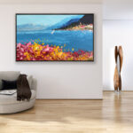 Bellagio Lake Como oil painting on canvas, original modern textured Italy wall art, framed wall art, perfect for living room wall decor and as unique gift ideas for her, displayed on the wall in a stylish room