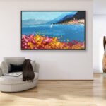 Bellagio Lake Como oil painting on canvas, original modern textured Italy wall art, framed wall art, perfect for living room wall decor and as unique gift ideas for her, displayed on the wall in a stylish room