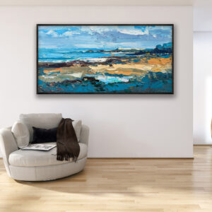 Abstract beach painting, original oil painting on canvas hanging in a modern living room with a beige sofa