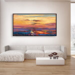 Sunset painting, original oil painting on canvas hanging in a modern living room with a white sofa