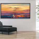 Sunset painting, original oil painting on canvas hanging in a modern living room with a black sofa