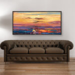 Sunset painting, original oil painting on canvas hanging in a modern living room with a brown sofa