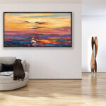 Sunset painting, original oil painting on canvas hanging in a modern living room with a beige sofa