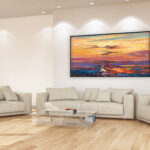 Sunset painting, original oil painting on canvas hanging in a modern living room with a white sofa