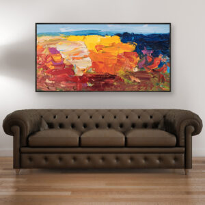 Abstract painting, original oil painting on canvas hanging in a modern living room with a brown sofa