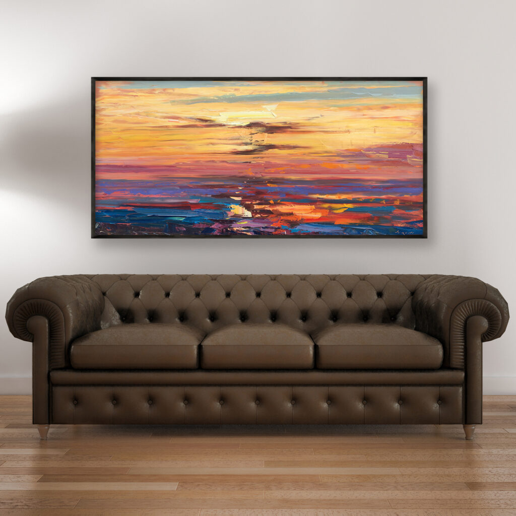 Abstract sunset oil painting on canvas, original modern textured ocean wall art, large framed wall art, perfect for living room wall decor and as unique gift ideas, displayed on the wall in a stylish room