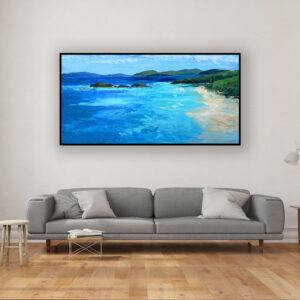 Beach painting, original oil painting on canvas hanging in a modern living room with a gray sofa