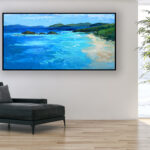 Beach painting, original oil painting on canvas hanging in a modern living room with a black sofa