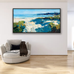 Beach painting, original oil painting on canvas hanging in a modern living room with a beige sofa