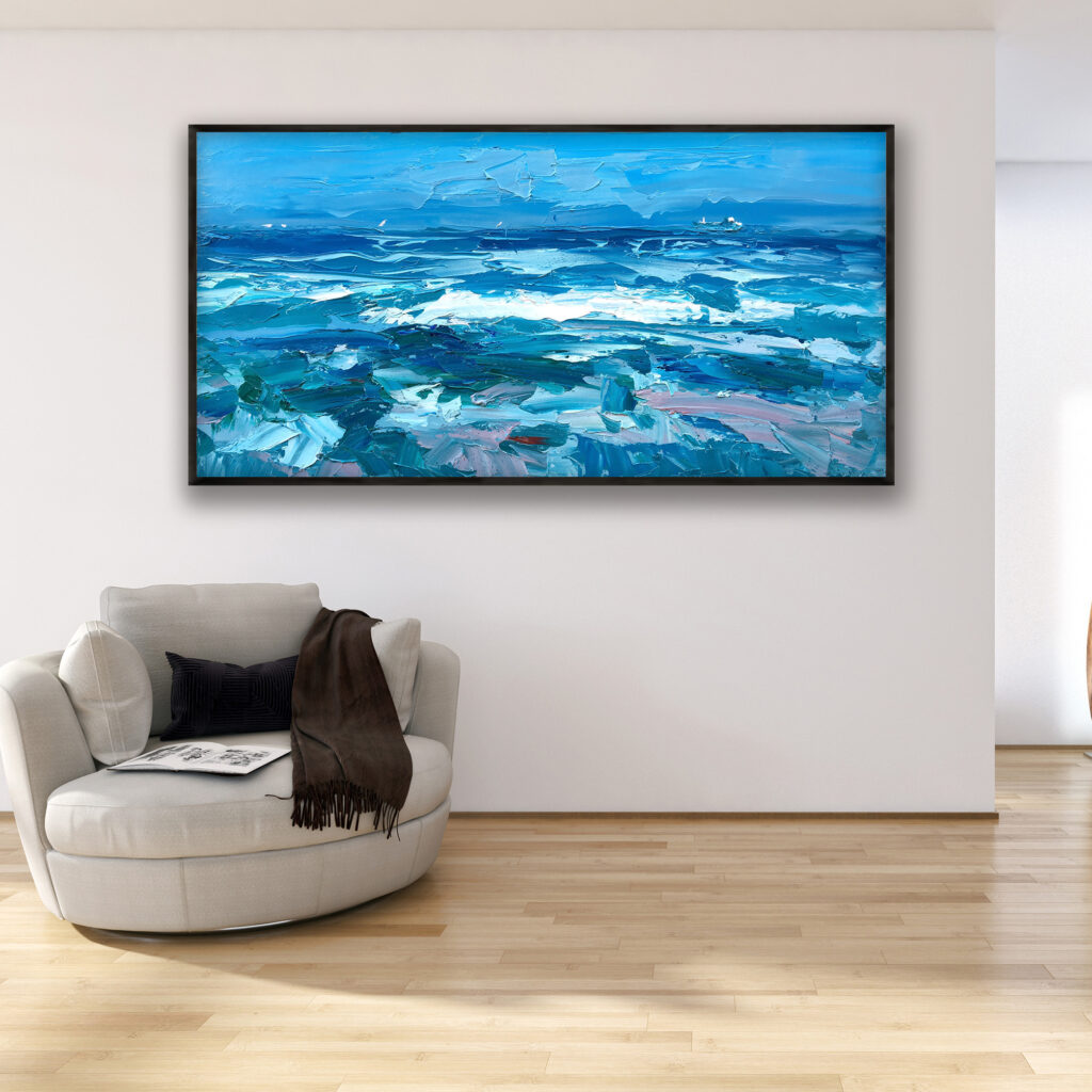 Ocean painting, original oil painting on canvas hanging in a modern living room with a beige sofa