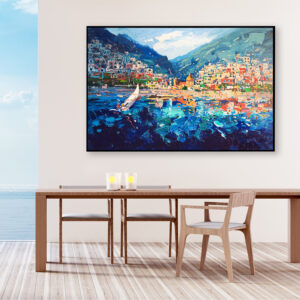 Positano Painting,original oil painting on canvas hanging in a modern living room with a table and ocean view