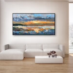 Sunset painting, original oil painting on canvas hanging in a modern living room with a white sofa