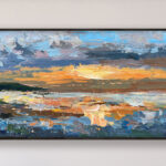 Sunset painting, original oil painting on canvas hanging on a modern wall