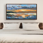 Sunset painting, original oil painting on canvas hanging in a modern bedroom