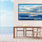 Abstract sunset painting, original oil painting on canvas with a table and ocean view