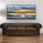 Sunset painting, original oil painting on canvas hanging in a modern living room with a brown sofa