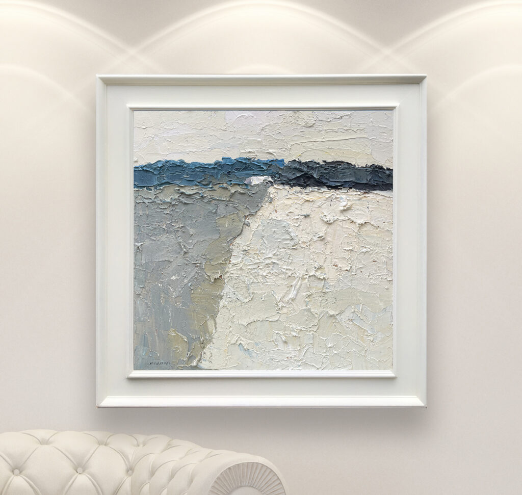 Abstract oil painting on canvas with rich impasto texture hanging in a modern living room with a white sofa