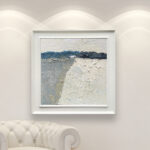 Abstract oil painting on canvas with rich impasto texture hanging on a modern wall, viewed from a medium distance.