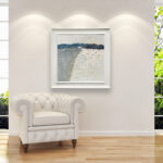 Abstract oil painting on canvas with rich impasto texture hanging in a stylish living room, showing full room decor.