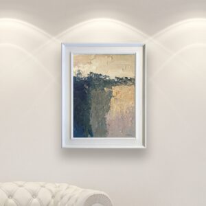 Modern abstract oil painting on canvas with rich impasto texture hanging on a modern wall, viewed from a medium distance.