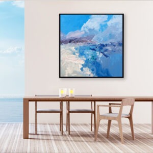 Abstract beach oil painting on canvas, original modern textured ocean wall art, large framed wall art, perfect for living room wall decor and as unique gift ideas, displayed on the wall in a stylish room