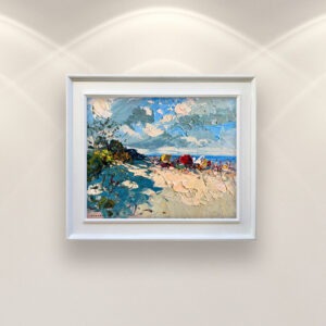 Beach painting, original oil painting on canvas, hanging on a modern wall