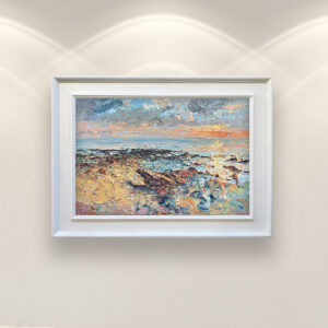 Beach painting, original oil painting on canvas hanging in a modern living room with a white sofa