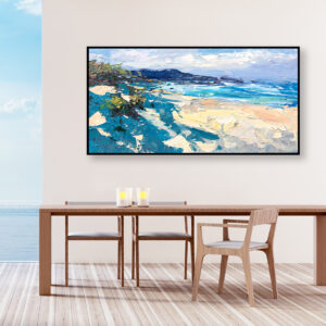 Beach painting, original oil painting on canvas hanging in a modern living room with table and ocean view and home decor