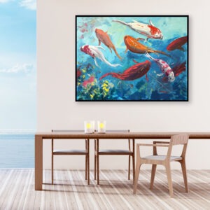 Fish painting, original oil painting on canvas hanging in a modern living room with a table and ocean view and home decor