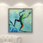 Frog painting, original oil painting on canvas hanging in a modern living room with a white sofa