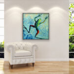 Frog painting, original oil painting on canvas hanging in a modern living room with a white sofa