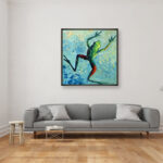 Frog painting, original oil painting on canvas hanging in a modern living room with a gray sofa