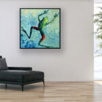 Frog painting, original oil painting on canvas hanging in a modern living room with a black sofa