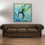 Frog painting, original oil painting on canvas hanging in a modern living room with a brown sofa