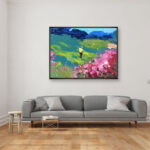 Golf painting, original oil painting on canvas hanging in a modern living room with a gray sofa and home decor