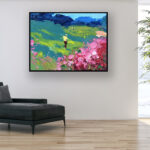 Golf painting, original oil painting on canvas hanging in a modern living room with a black sofa and home decor