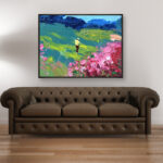 Golf painting, original oil painting on canvas hanging in a modern living room with a gray sofa and home decor