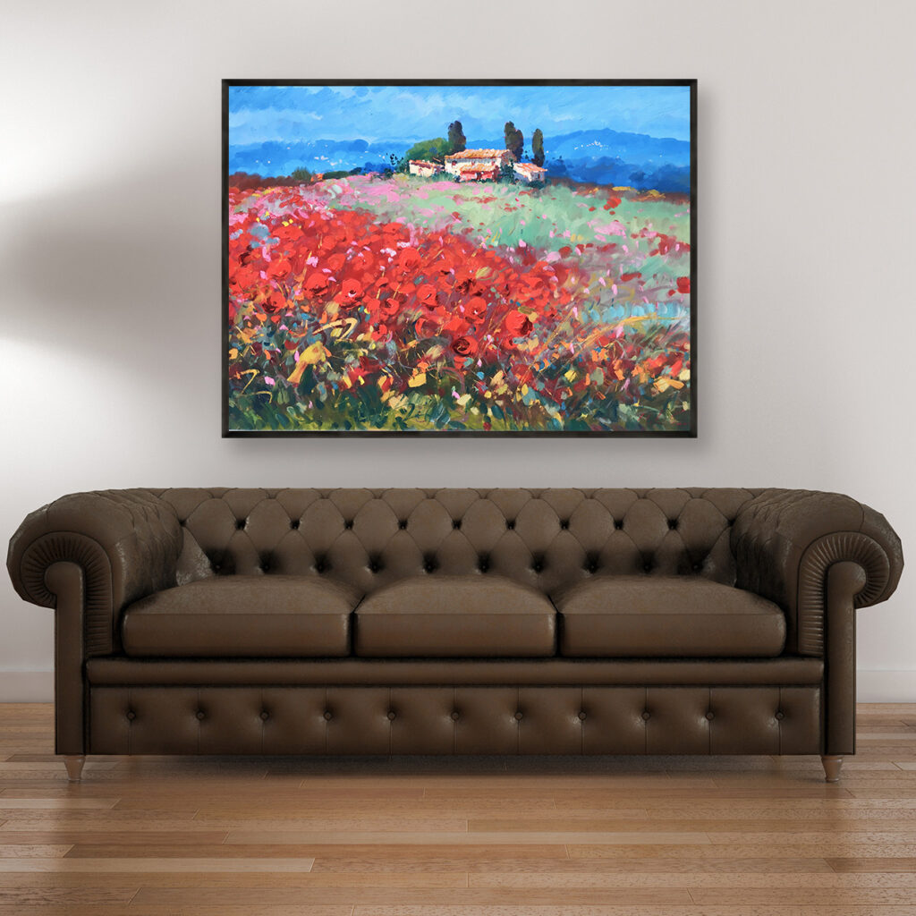 Landscape painting, original oil painting on canvas hanging in a modern living room with a brown sofa and home decor