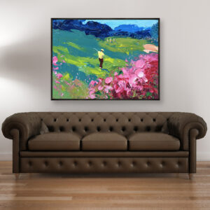 Golf painting, original oil painting on canvas hanging in a modern living room with a brown sofa and home decor