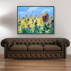 Landscape painting with sunflowers, original oil painting on canvas hanging in a modern living room with a brown sofa and home decor