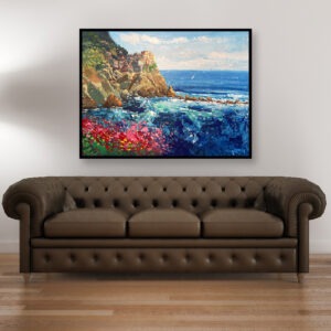 Manarola Cinque Terre painting, original oil painting on canvas hanging in a modern living room with a brown sofa and home decor