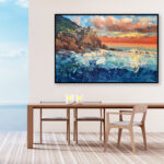 Manarola Cinque Terre painting, original oil painting on canvas hanging in a modern living room with with a table and ocean view