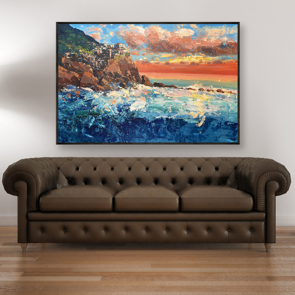 Manarola Cinque Terre painting, original oil painting on canvas hanging in a modern living room with a brown sofa