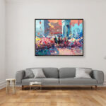 Palio of Siena painting, original oil painting on canvas hanging in a modern living room with a gray sofa and home decor