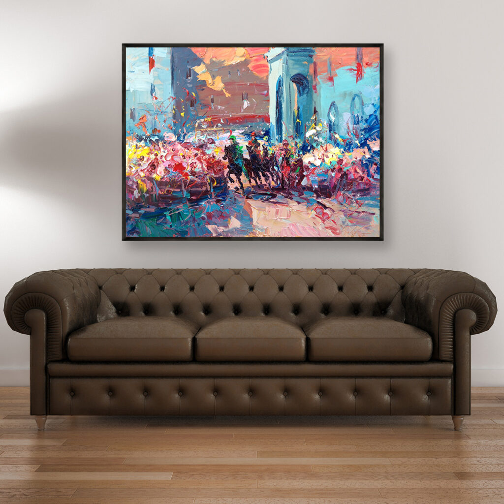 Palio of Siena painting, original oil painting on canvas hanging in a modern living room with a brown sofa and home decor