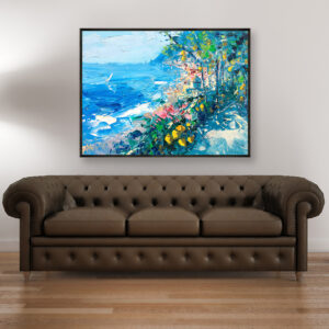 Positano painting, original oil painting on canvas hanging in a modern living room with a brown sofa and home decor