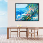 Positano painting, original oil painting on canvas hanging in a modern living room with table and ocean view and home decor